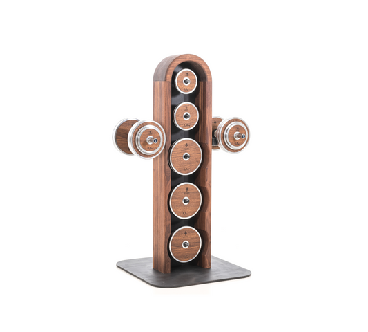 Side view of the luxury wooden & stainless steel weight plate set with barbell and dumbbell plates on a sleek vertical walnut wooden rack. Premium gym equipment for strength training. NOHRD Weight Plates - Barbell & Dumbbells Tower