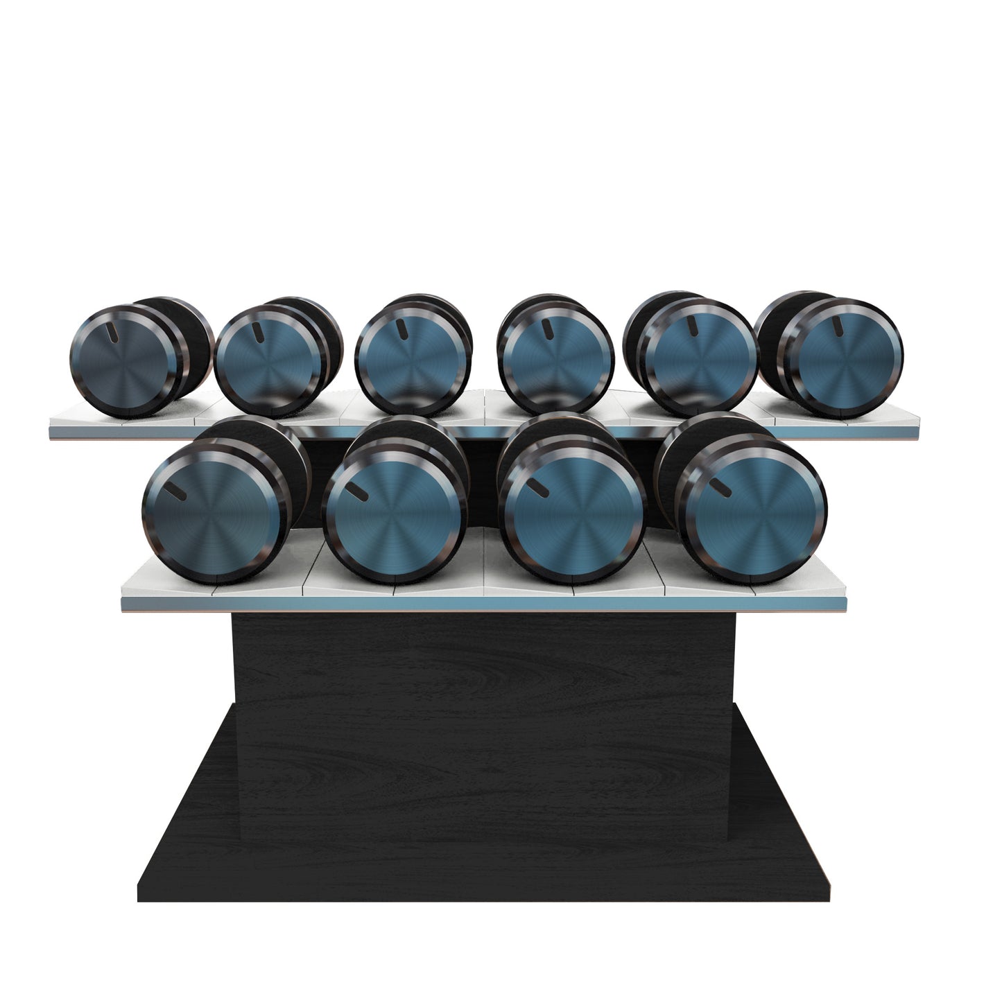 Twelve black ash wood dumbbells on horizontal black ash wooden stand with white leather clad. PENT. COLMIA Ultra Power Set - Dumbbells on a Horizontal Wooden Stand