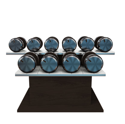 Twelve dark walnut wood dumbbells on horizontal dark walnut wooden stand with white leather clad. PENT. COLMIA Ultra Power Set - Dumbbells on a Horizontal Wooden Stand