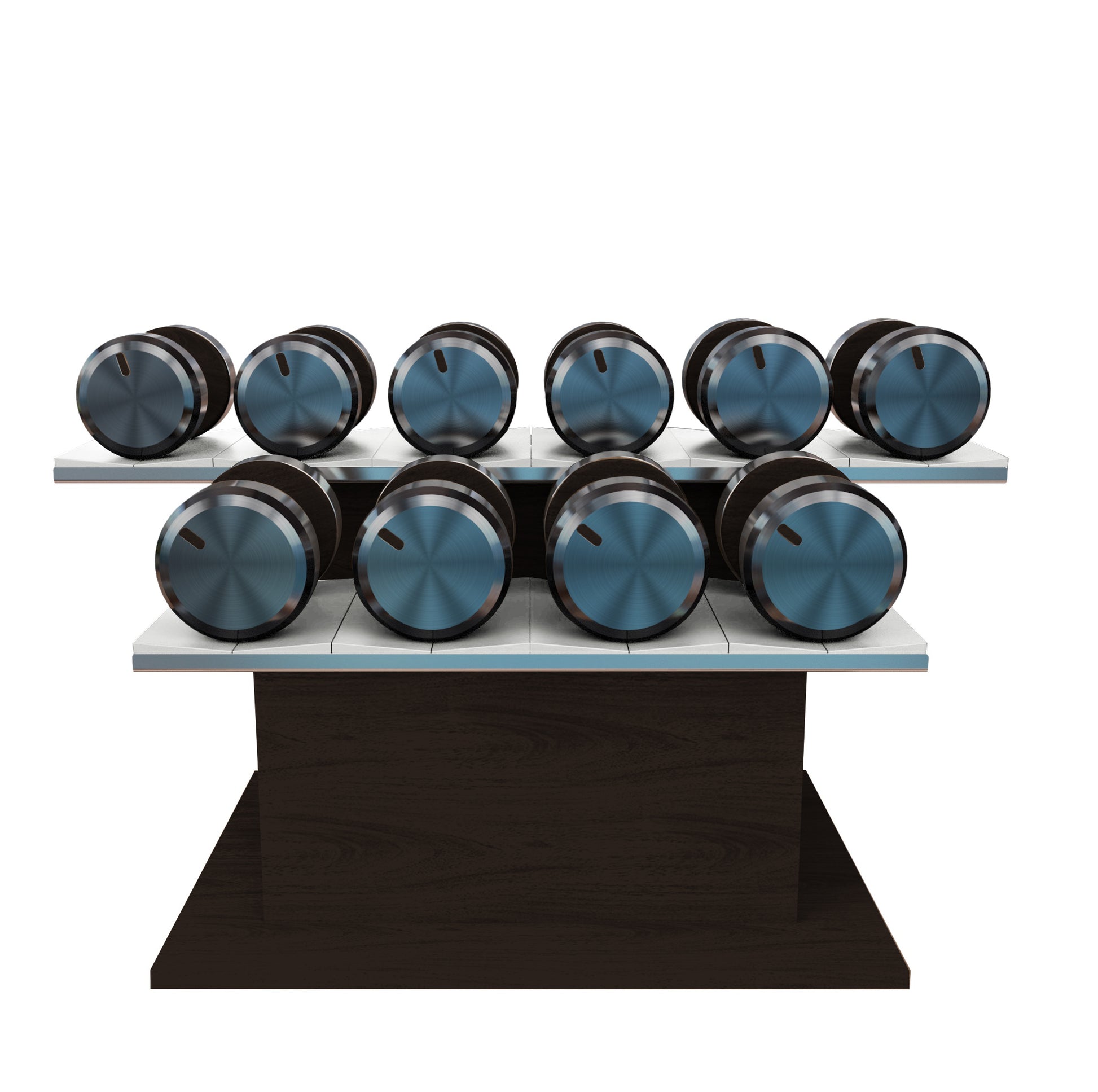 Twelve dark walnut wood dumbbells on horizontal dark walnut wooden stand with white leather clad. PENT. COLMIA Ultra Power Set - Dumbbells on a Horizontal Wooden Stand