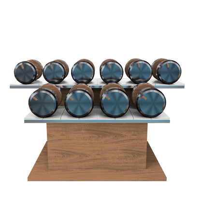 Twelve natural ash wood dumbbells on horizontal natural ash wooden stand with white leather clad. PENT. COLMIA Ultra Power Set - Dumbbells on a Horizontal Wooden Stand