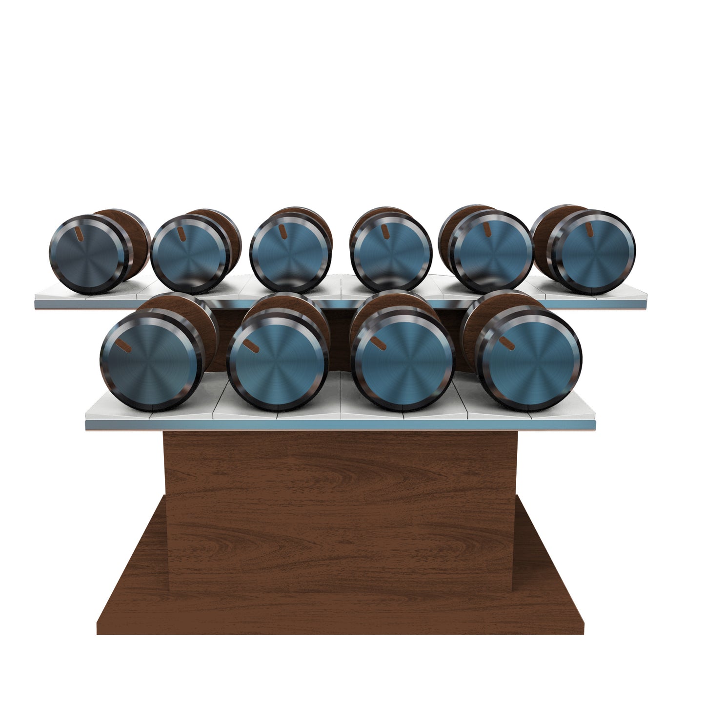 Twelve natural walnut wood dumbbells on horizontal natural walnut wooden stand with white leather clad. PENT. COLMIA Ultra Power Set - Dumbbells on a Horizontal Wooden Stand