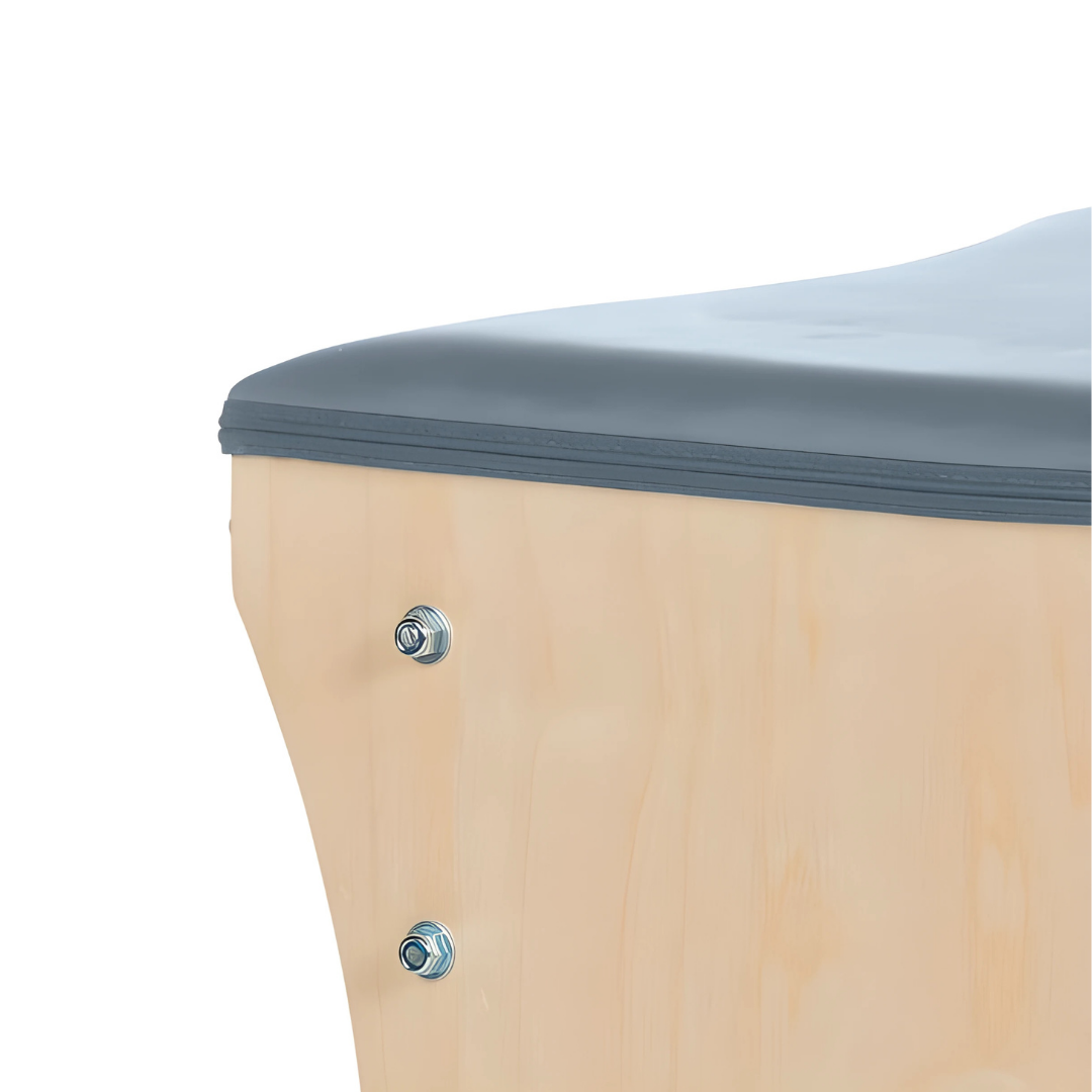 Texture of wood grain, vinyl surface, and metal fittings showing premium materials.