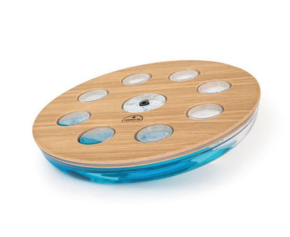 A balance board with natural oak wood materials that incorporates a water-filled tank, for core stability training. NOHRD Eau-Me Board