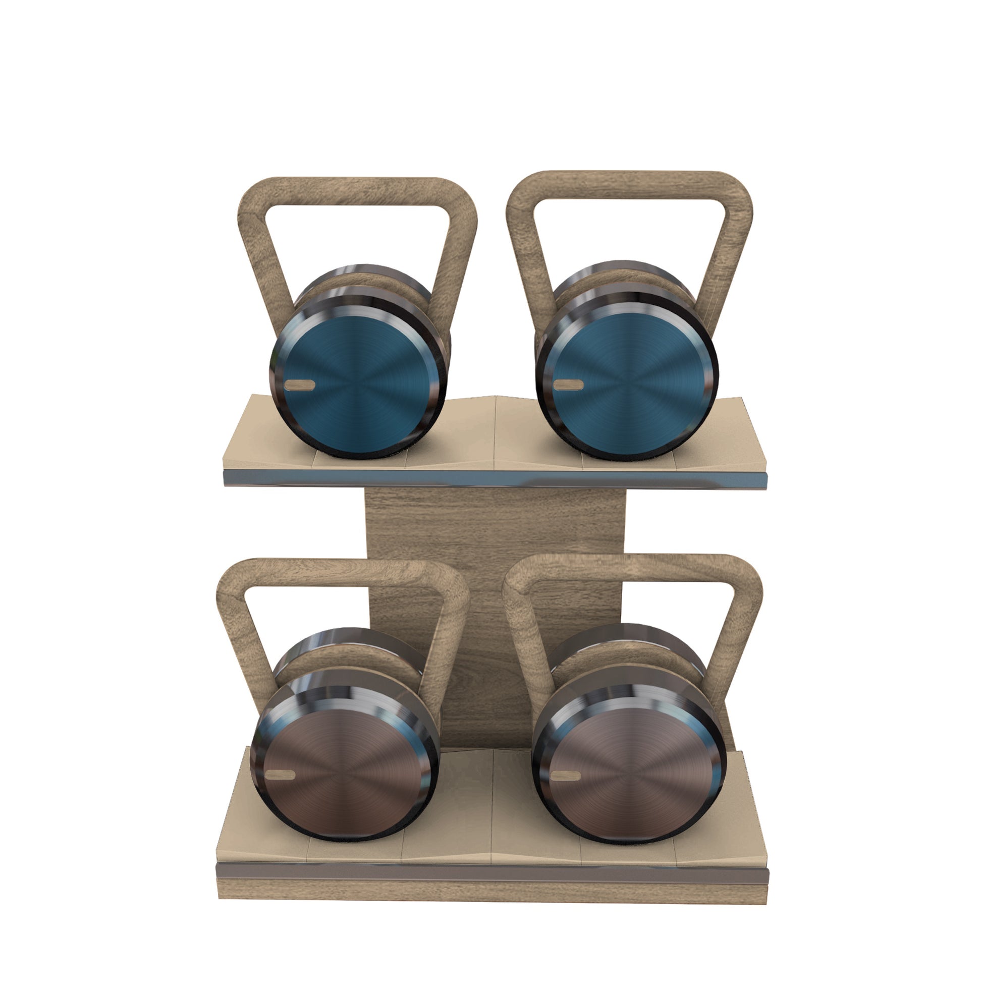 Luxury fitness equipment, 4 luxury kettlebells on horizontal wooden stand, handcrafted with stainless steel, premium Italian leather and natural wood. Custom variation 27. PENT. LOVA Set - Kettlebells on a Horizontal Stand