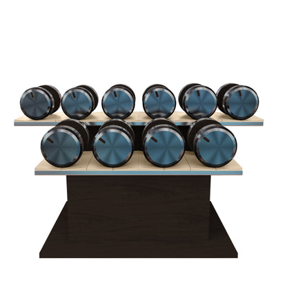 Twelve dark walnut wood dumbbells on horizontal dark walnut wooden stand with beige leather clad. PENT. COLMIA Ultra Power Set - Dumbbells on a Horizontal Wooden Stand