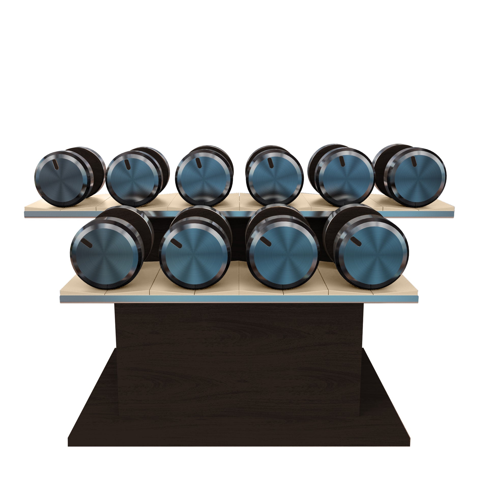 Twelve dark walnut wood dumbbells on horizontal dark walnut wooden stand with beige leather clad. PENT. COLMIA Ultra Power Set - Dumbbells on a Horizontal Wooden Stand