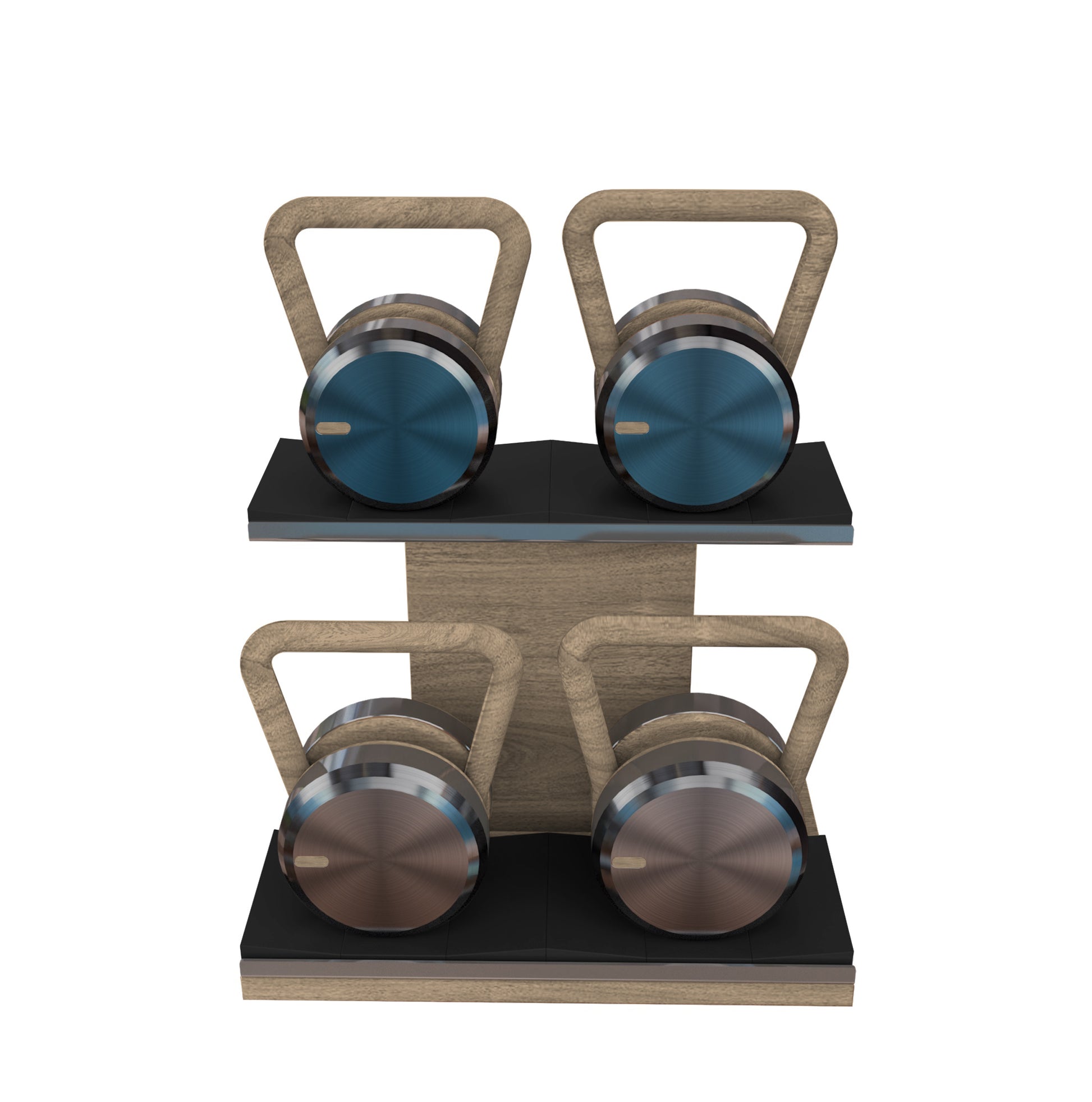 Luxury fitness equipment, 4 luxury kettlebells on horizontal wooden stand, handcrafted with stainless steel, premium Italian leather and natural wood. Custom variation 29. PENT. LOVA Set - Kettlebells on a Horizontal Stand