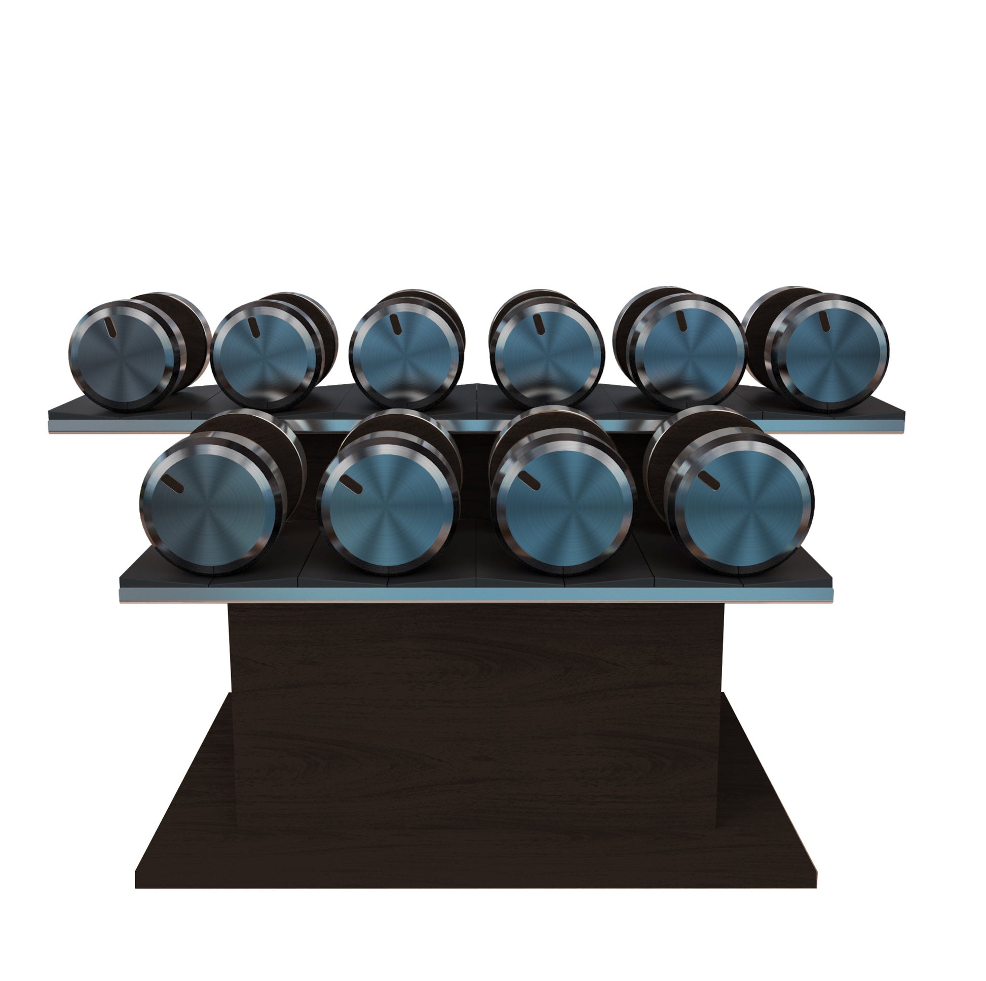 Twelve dark walnut wood dumbbells on horizontal dark walnut wooden stand with black leather clad. PENT. COLMIA Ultra Power Set - Dumbbells on a Horizontal Wooden Stand