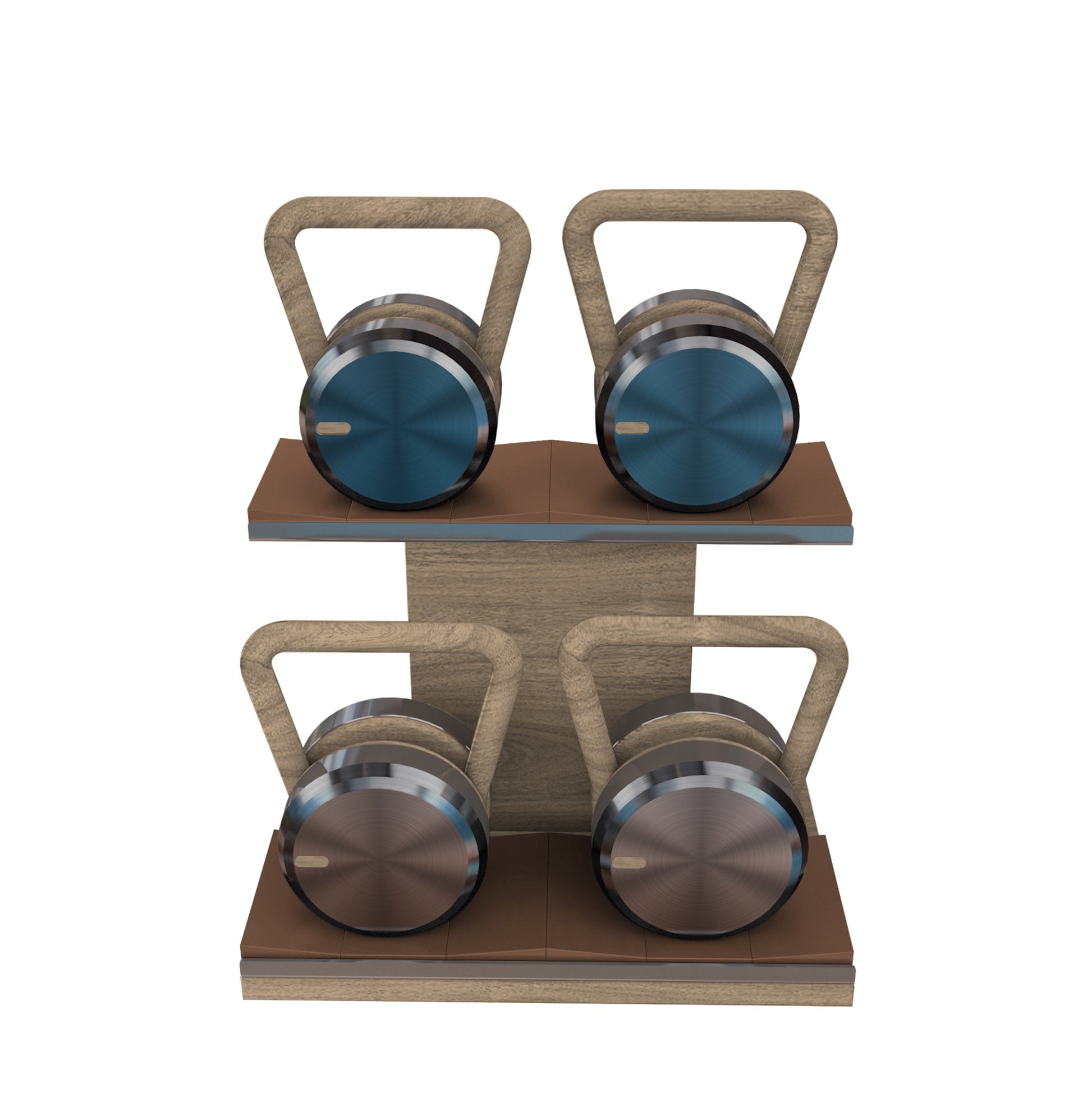 Luxury fitness equipment, 4 luxury kettlebells on horizontal wooden stand, handcrafted with stainless steel, premium Italian leather and natural wood. Custom variation 28. PENT. LOVA Set - Kettlebells on a Horizontal Stand