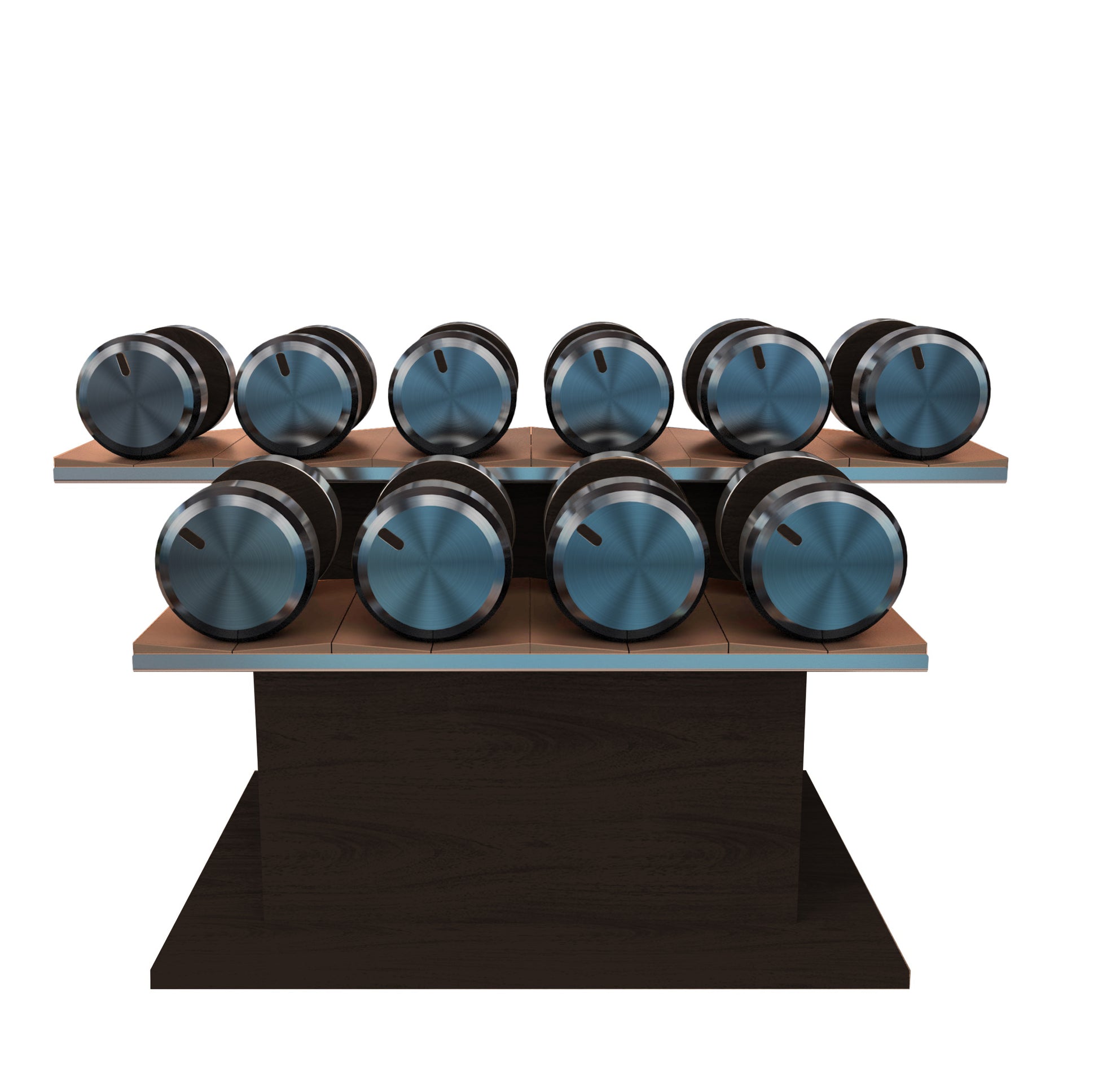 Twelve dark walnut wood dumbbells on horizontal dark walnut wooden stand with brown leather clad. PENT. COLMIA Ultra Power Set - Dumbbells on a Horizontal Wooden Stand