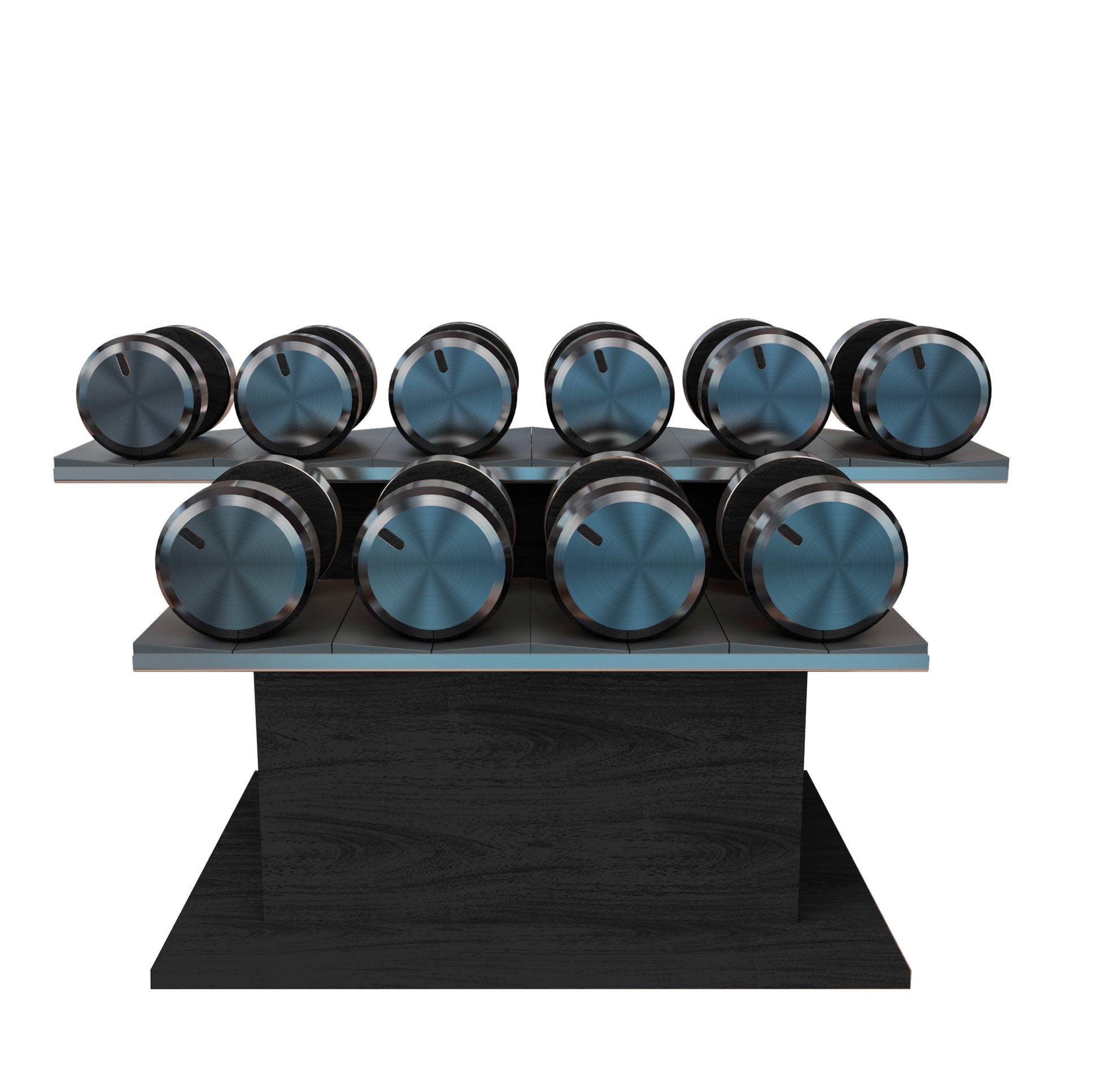 Twelve black ash wood dumbbells on horizontal black ash wooden stand with grey leather clad. PENT. COLMIA Ultra Power Set - Dumbbells on a Horizontal Wooden Stand