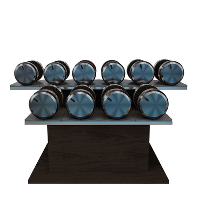 Twelve dark walnut wood dumbbells on horizontal dark walnut wooden stand with grey leather clad. PENT. COLMIA Ultra Power Set - Dumbbells on a Horizontal Wooden Stand