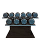 Twelve dark walnut wood dumbbells on horizontal dark walnut wooden stand with grey leather clad. PENT. COLMIA Ultra Power Set - Dumbbells on a Horizontal Wooden Stand