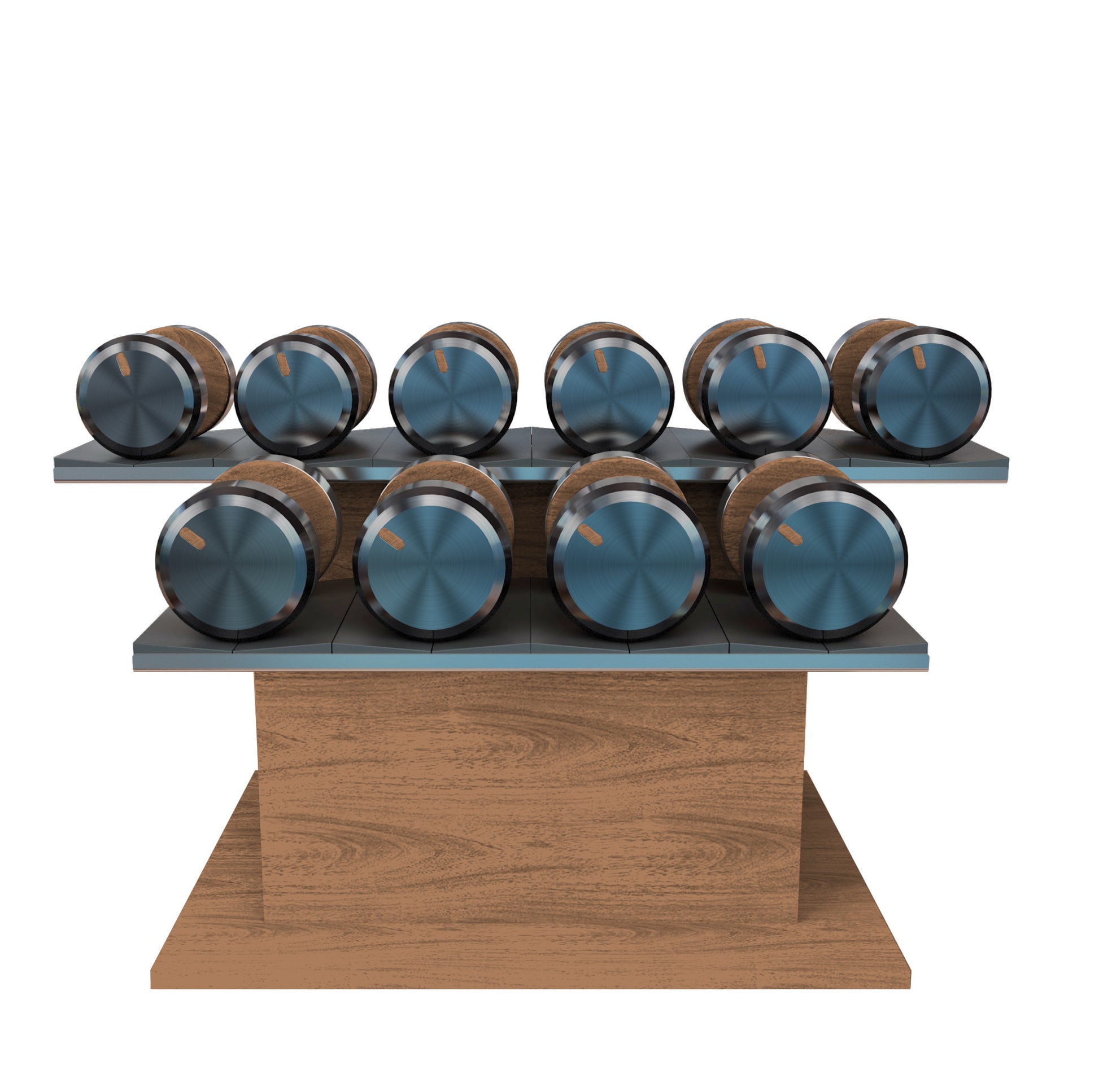 Twelve natural ash wood dumbbells on horizontal natural ash wooden stand with grey leather clad. PENT. COLMIA Ultra Power Set - Dumbbells on a Horizontal Wooden Stand