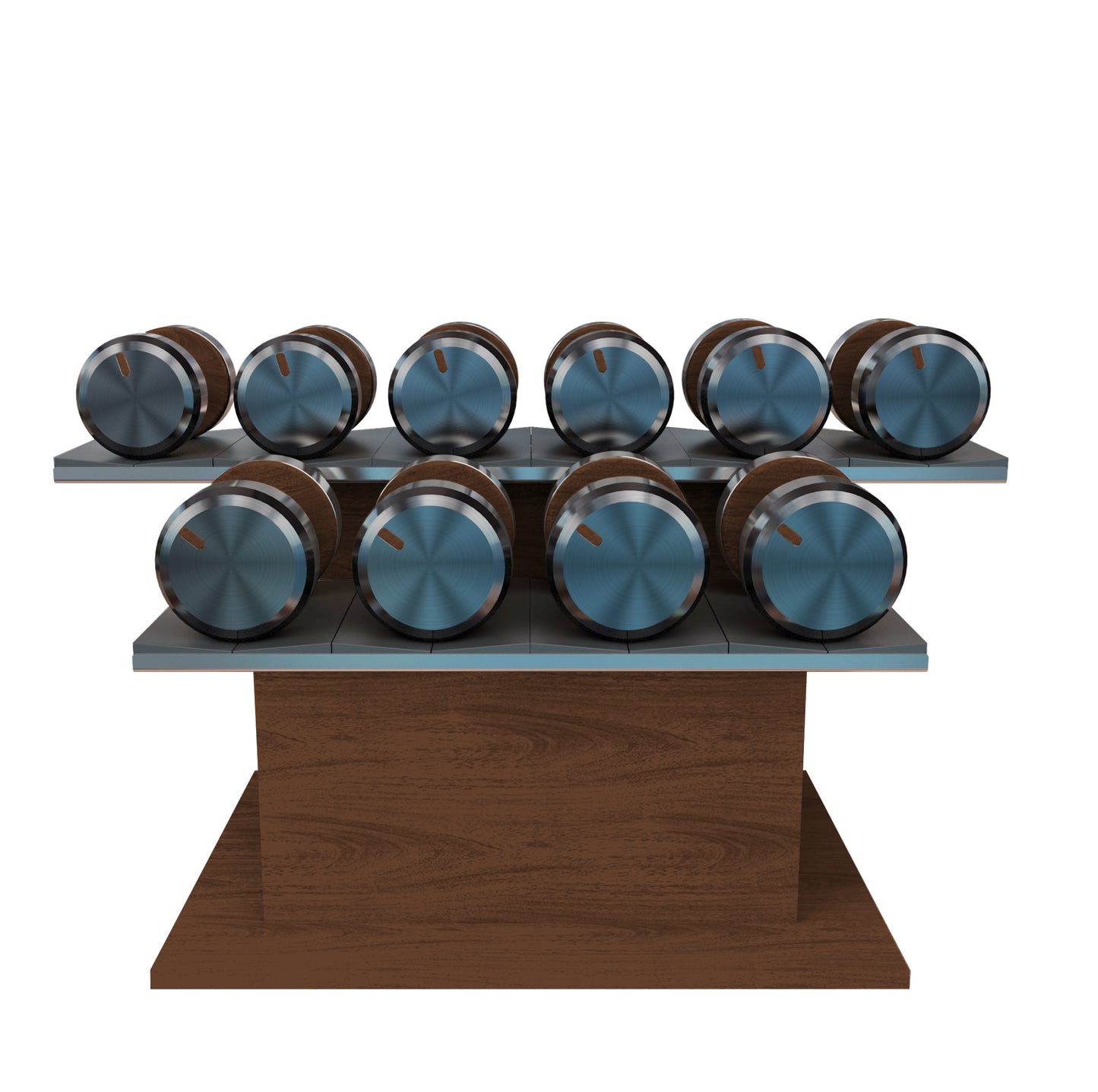 Twelve natural walnut wood dumbbells on horizontal natural walnut wooden stand with grey leather clad. PENT. COLMIA Ultra Power Set - Dumbbells on a Horizontal Wooden Stand