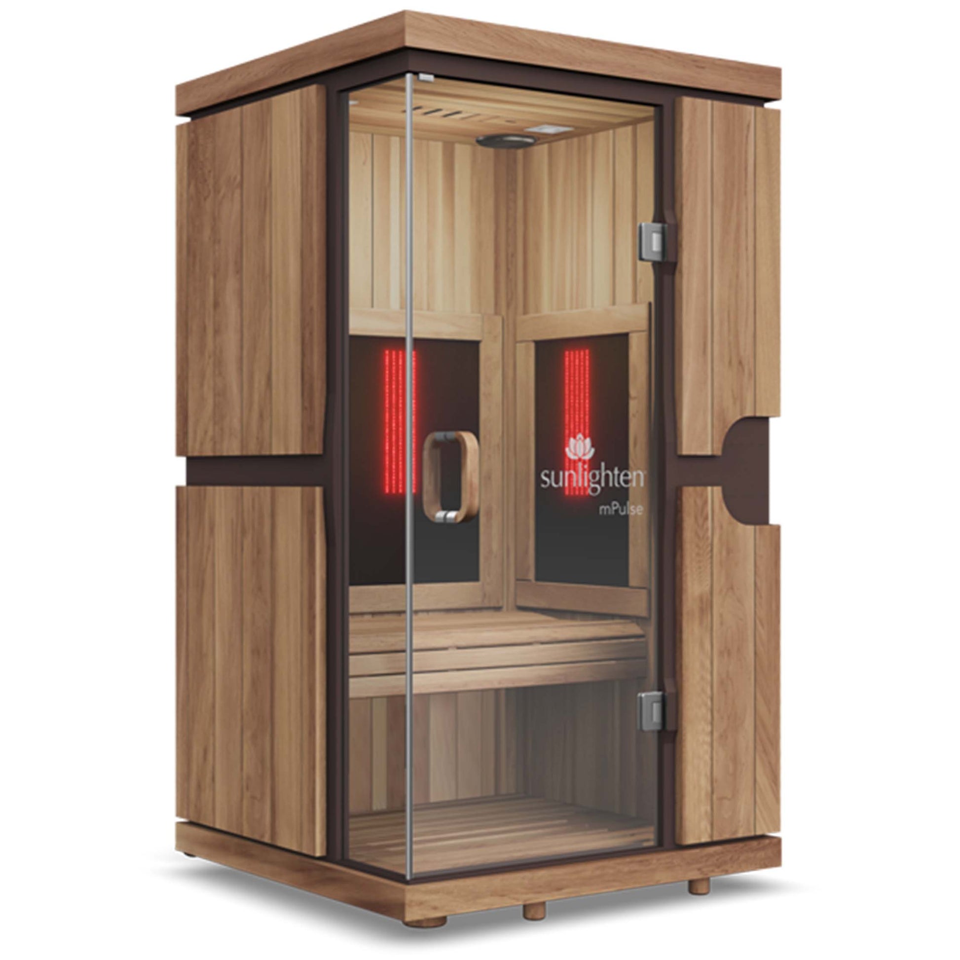 Sideview of the full-spectrum infrared sauna with premium wood finish. Model (Aspire), 1 person capacity. Sunlighten - mPulse Smart Infra Red Sauna