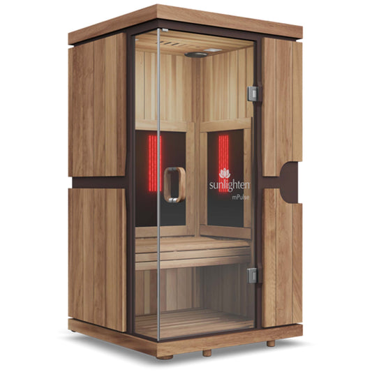 Sunlighten mPulse Smart Sauna - features elegant Eucalyptus wood. Recovery equipment. Cycling Bears.