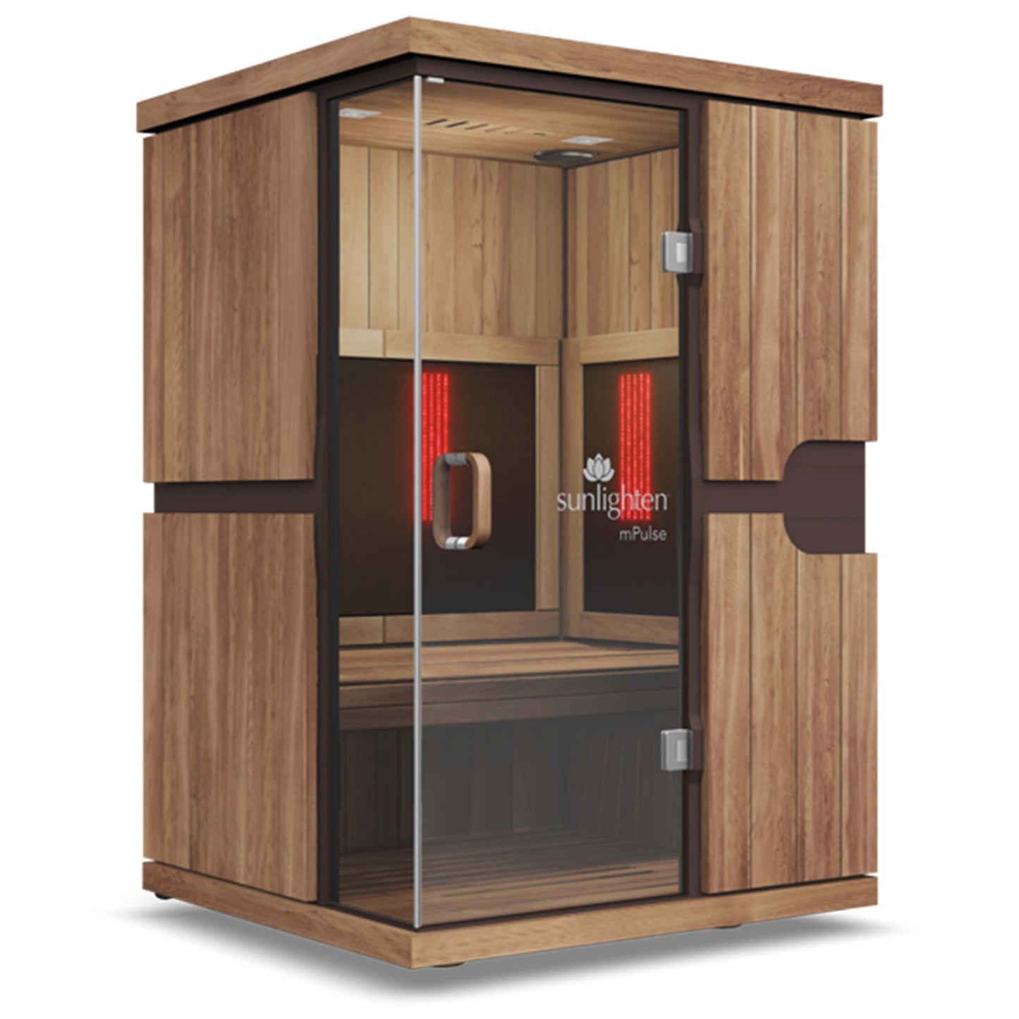 A full-spectrum infrared sauna with premium wood finish. Model (Believe), 2 person capacity. Sunlighten - mPulse Smart Infra Red Sauna