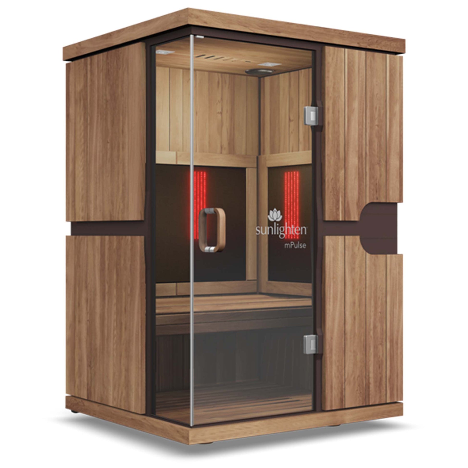 Sunlighten mPulse Smart Sauna - features elegant Eucalyptus wood. Recovery equipment. Cycling Bears.