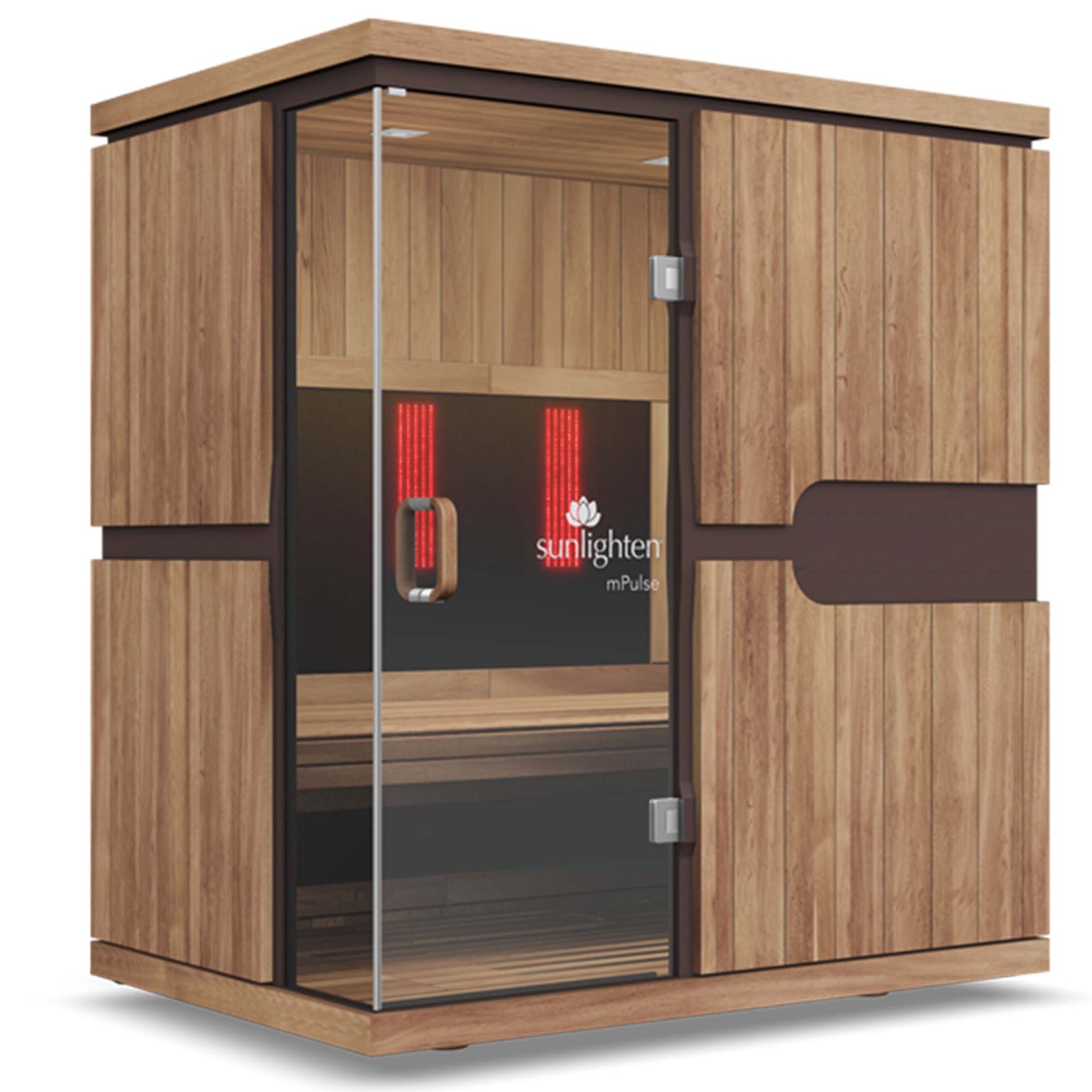 A full-spectrum infrared sauna with premium wood finish. Model (Conquer), 3 person capacity. Sunlighten - mPulse Smart Infra Red Sauna