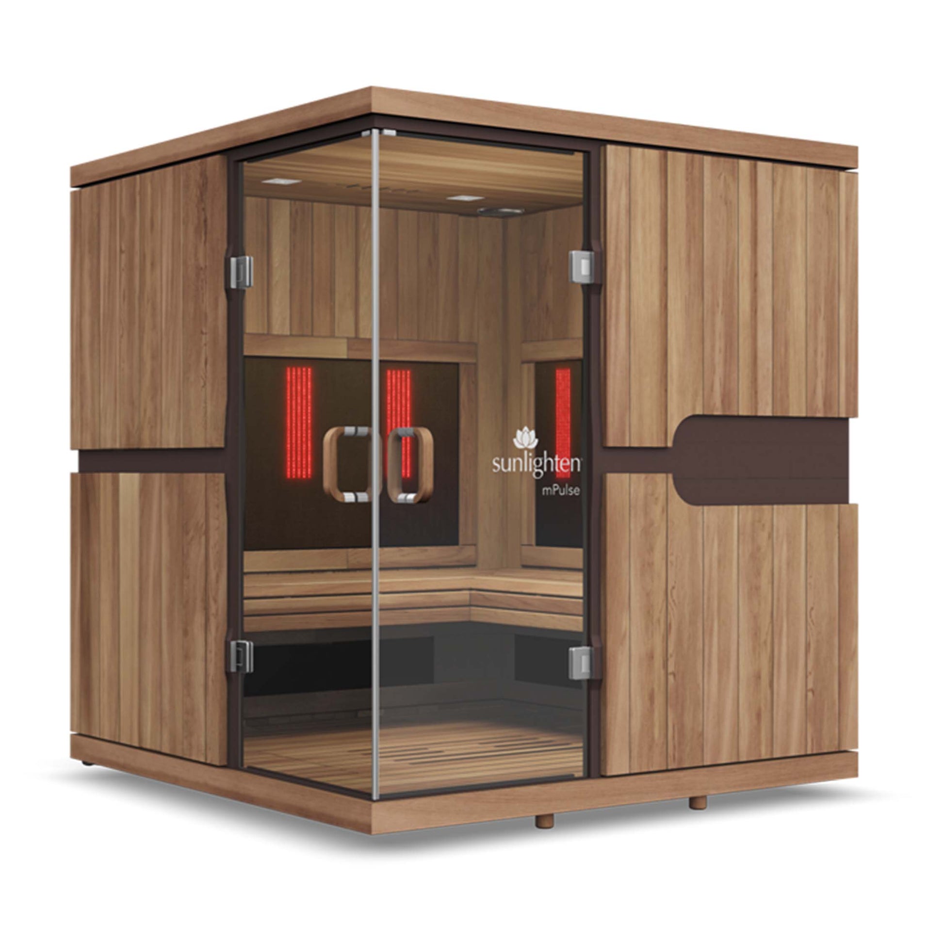 A full-spectrum infrared sauna with premium wood finish. Model (Discover), 4 person capacity. Sunlighten - mPulse Smart Infra Red Sauna