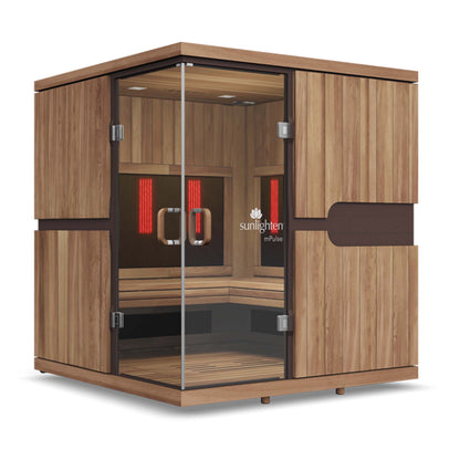 A full-spectrum infrared sauna with premium wood finish. Model (Discover), 4 person capacity. Sunlighten - mPulse Smart Infra Red Sauna