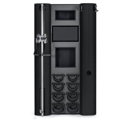 A modern full body workout equipment featuring cable machine, cross country ski trainer, four pairs of swing weight and touchscreen tablet, in black wood finish. NOHRD Wall Compact - All-in-One Exercise Wall