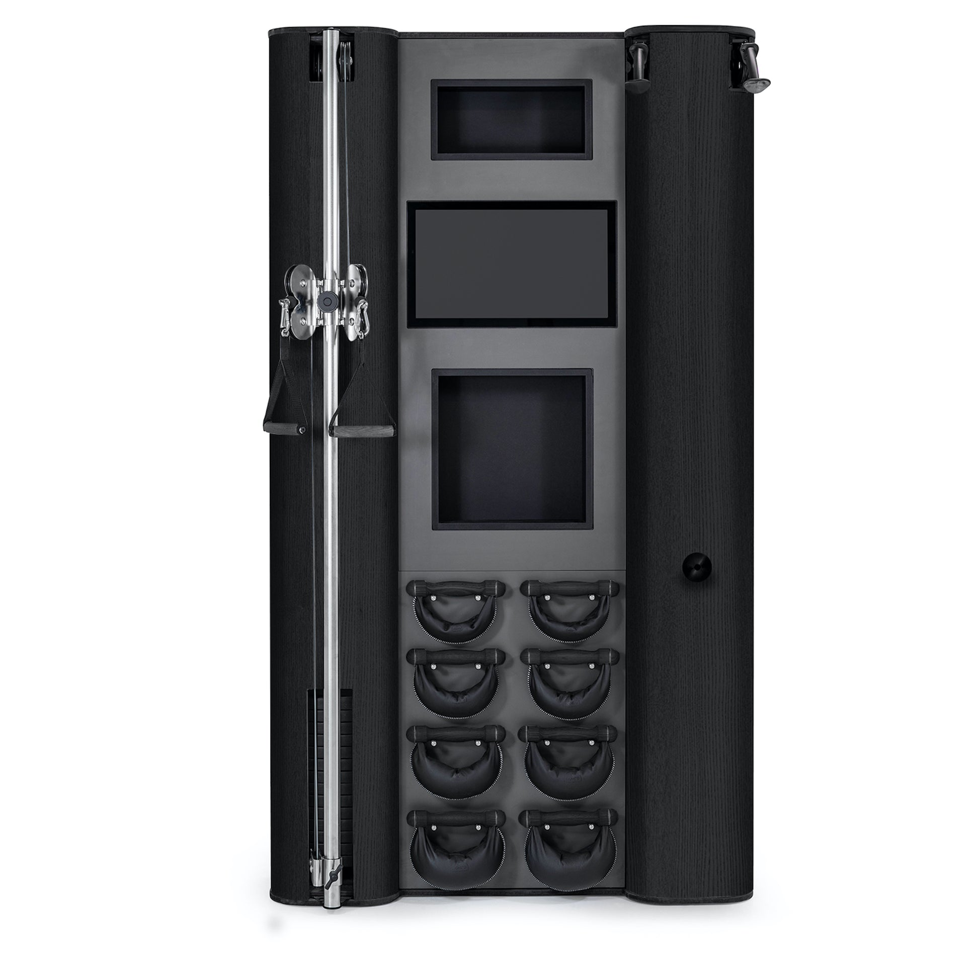 A modern full body workout equipment featuring cable machine, cross country ski trainer, four pairs of swing weight and touchscreen tablet, in black wood finish. NOHRD Wall Compact - All-in-One Exercise Wall