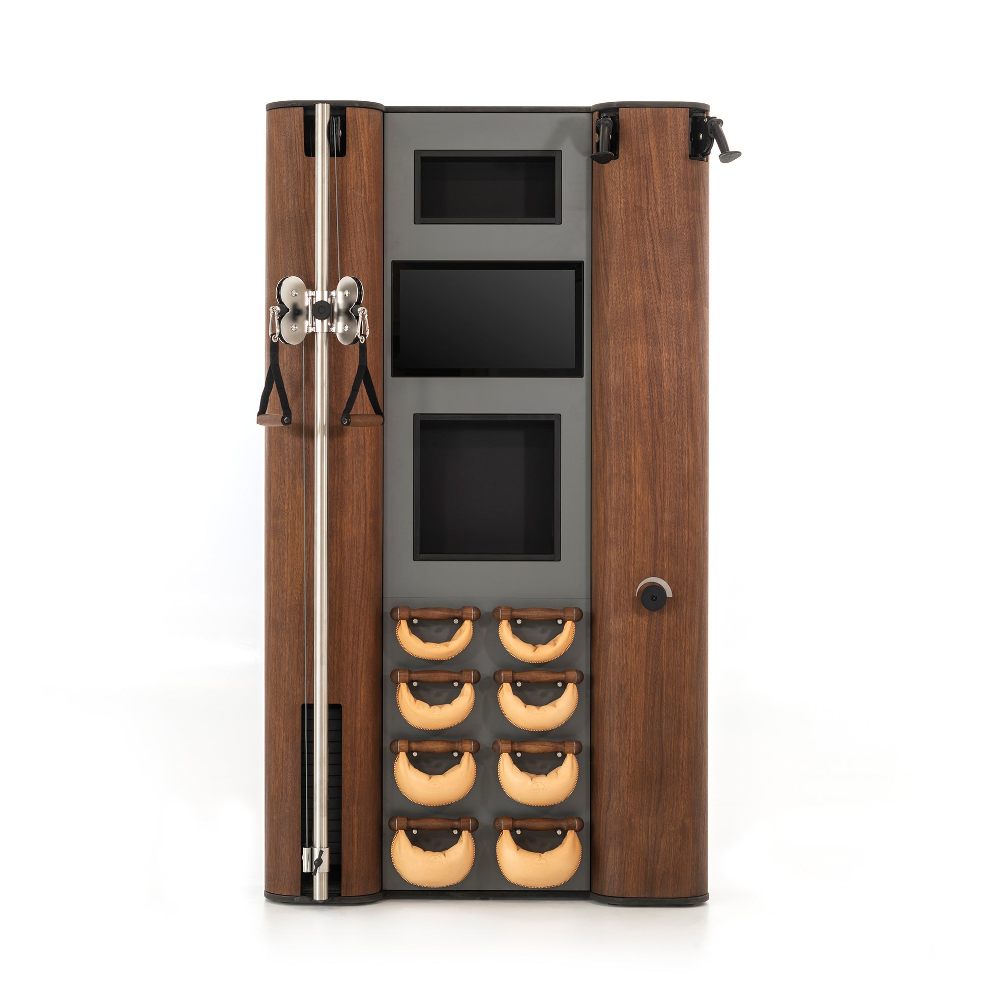 A modern full body workout equipment featuring cable machine, cross country ski trainer, four pairs of swing weight and touchscreen tablet, in walnut wood finish. NOHRD Wall Compact - All-in-One Exercise Wall