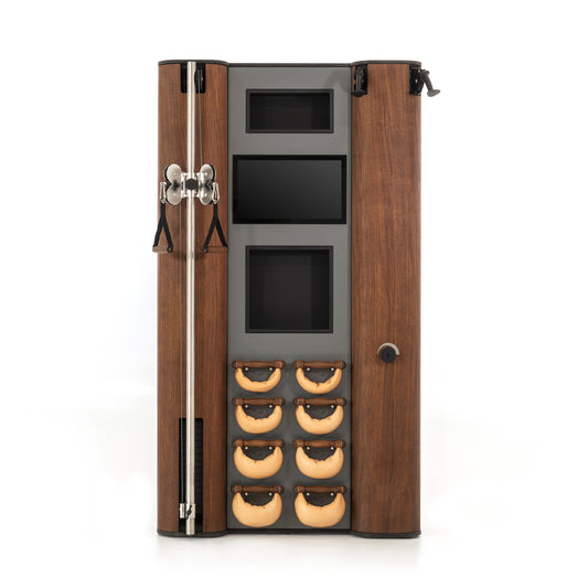 A modern full body workout equipment featuring cable machine, cross country ski trainer, four pairs of swing weight and touchscreen tablet, in walnut wood finish. NOHRD Wall Compact - All-in-One Exercise Wall
