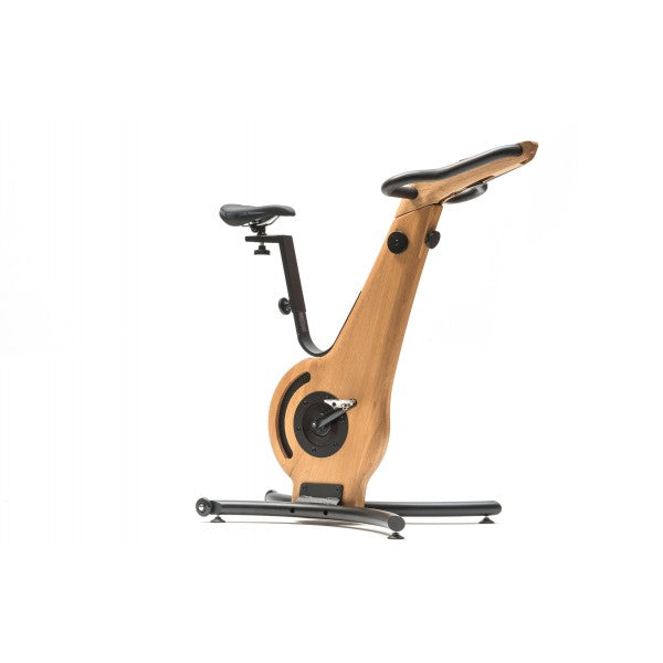 A modern exercise bike with a oak wooden frame and minimalist design, featuring an adjustable seat and streamlined structure. NOHRD Bike V2