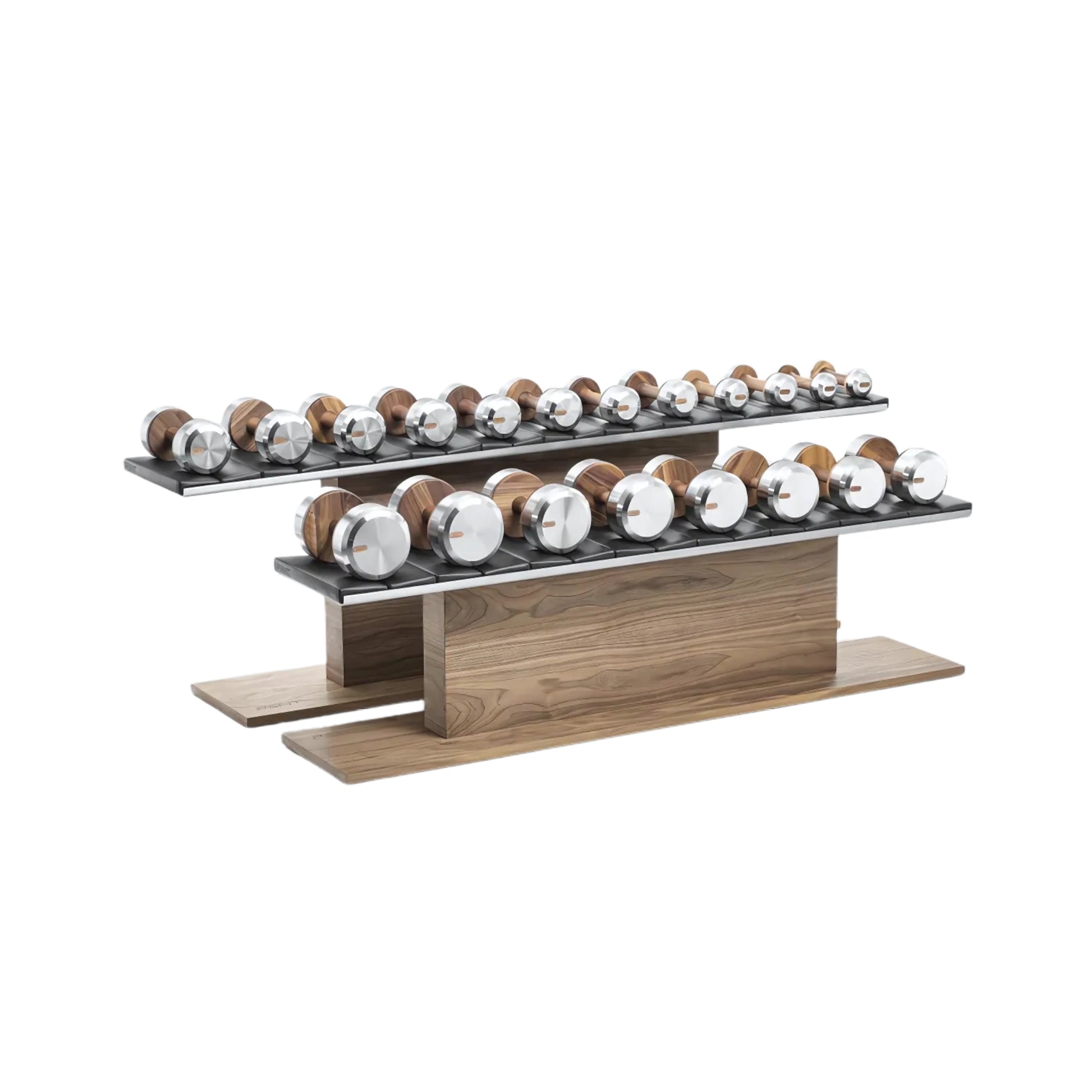 Sideview of the Luxury gym equipment, 10 pair of dumbbells on horizontal wooden stand, made with stainless steel, Italian leather and natural wood.