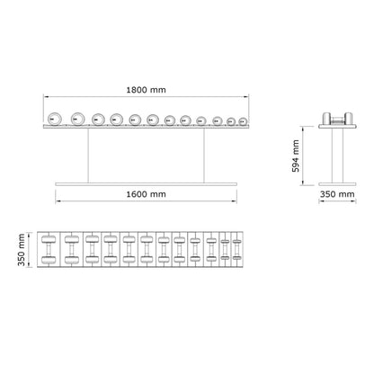 Dimension image for Luxury gym equipment, 6 pair of dumbbells on horizontal wooden stand, made with stainless steel, Italian leather and natural wood.