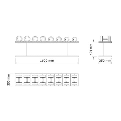 Dimension image for Luxury gym equipment, 4 pair of dumbbells on horizontal wooden stand, made with stainless steel, Italian leather and natural wood.