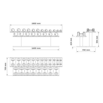 Dimension image for Luxury gym equipment, 10 pair of dumbbells on horizontal wooden stand, made with stainless steel, Italian leather and natural wood.