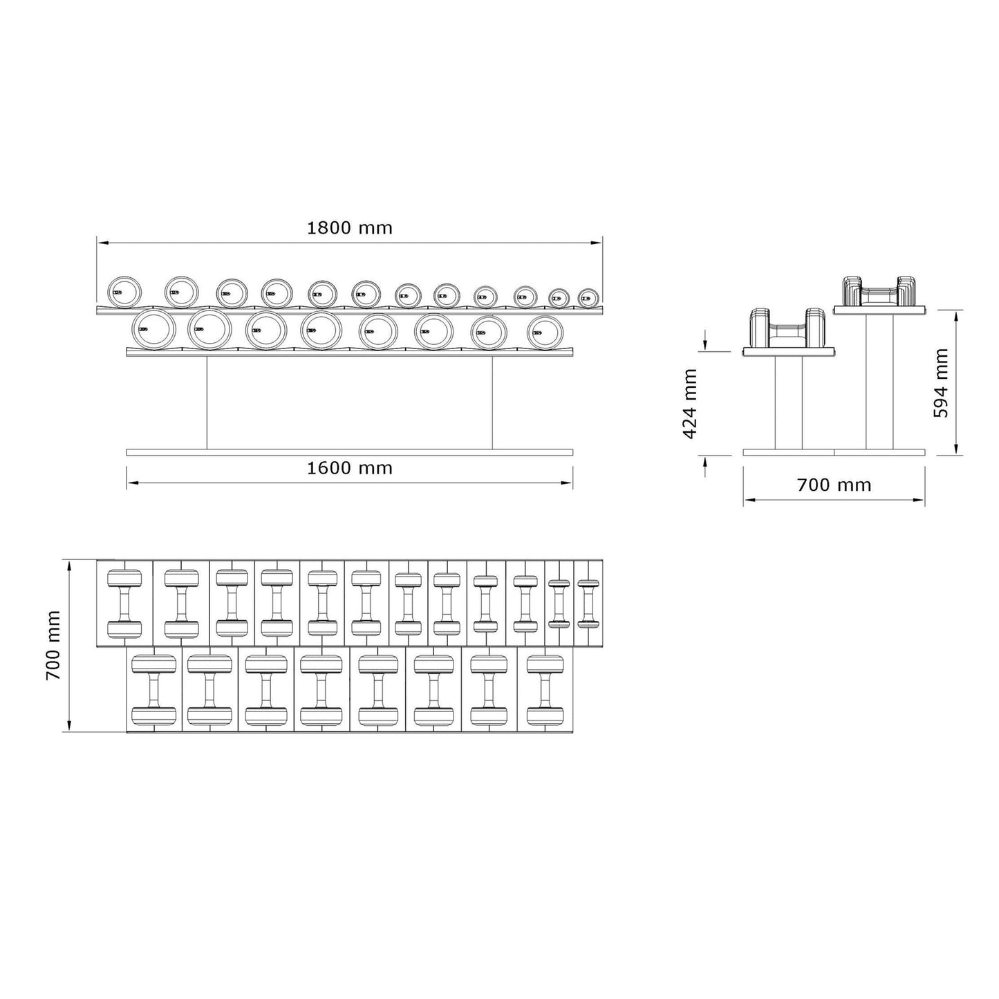Dimension image for Luxury gym equipment, 10 pair of dumbbells on horizontal wooden stand, made with stainless steel, Italian leather and natural wood.