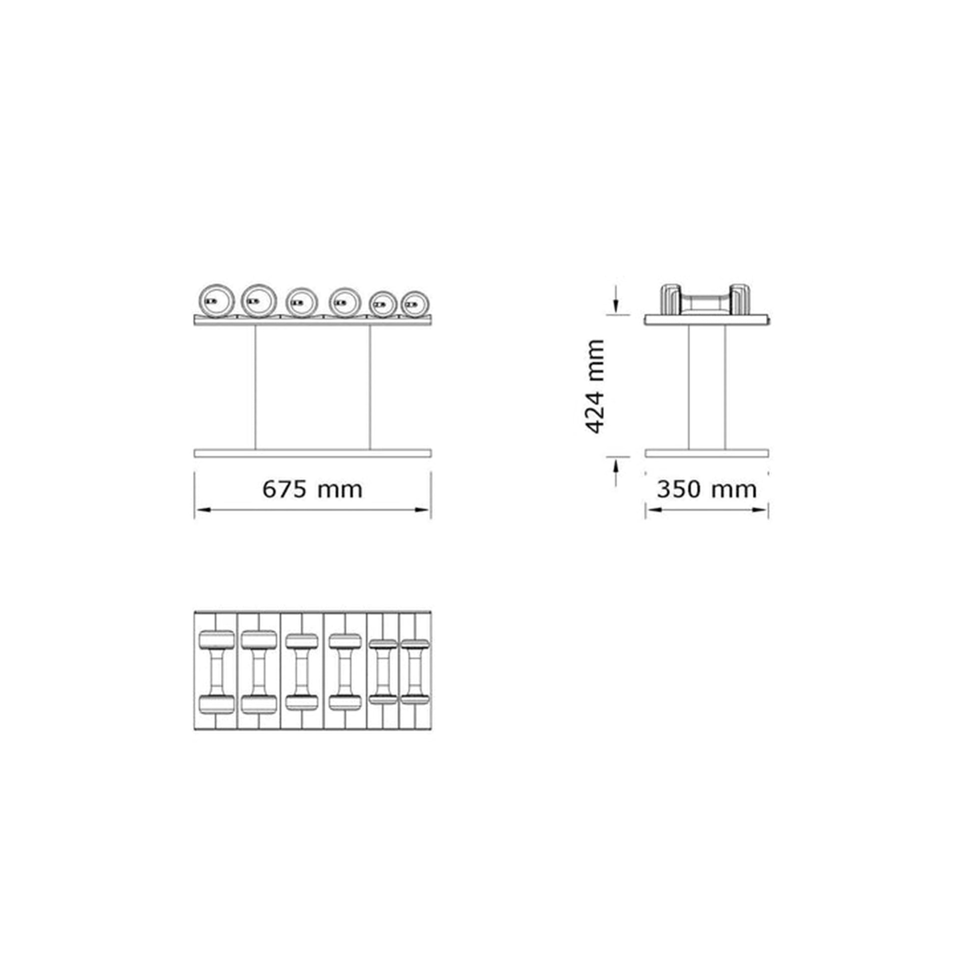 Dimension image for Luxury gym equipment, 3 pair of dumbbells on horizontal wooden stand, made with stainless steel, Italian leather and natural wood.