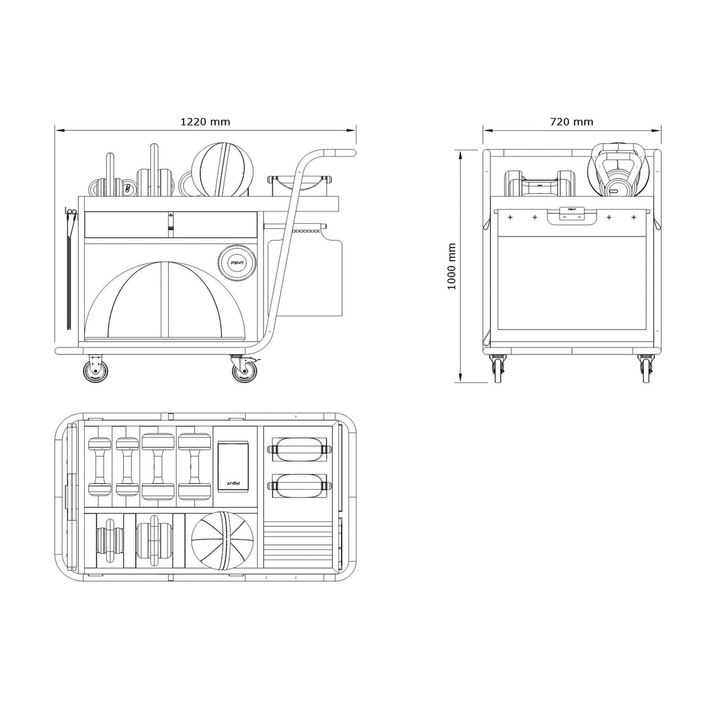 Dimension image of PENT. SOPHIA, luxury fitness equipment mobile set.