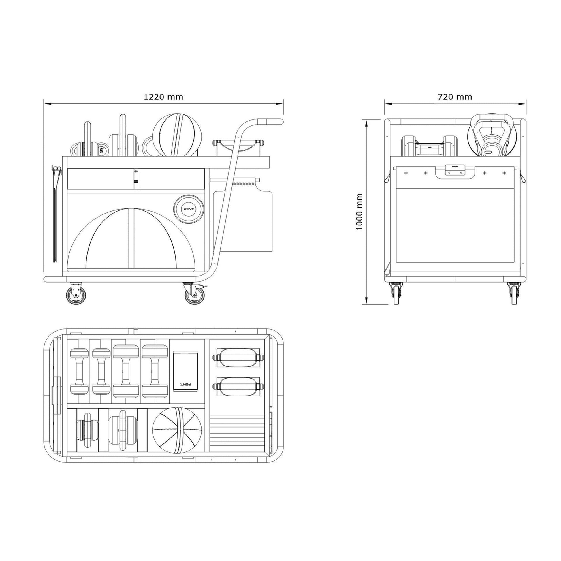 Dimension image of PENT. SOPHIA, luxury fitness equipment mobile set.