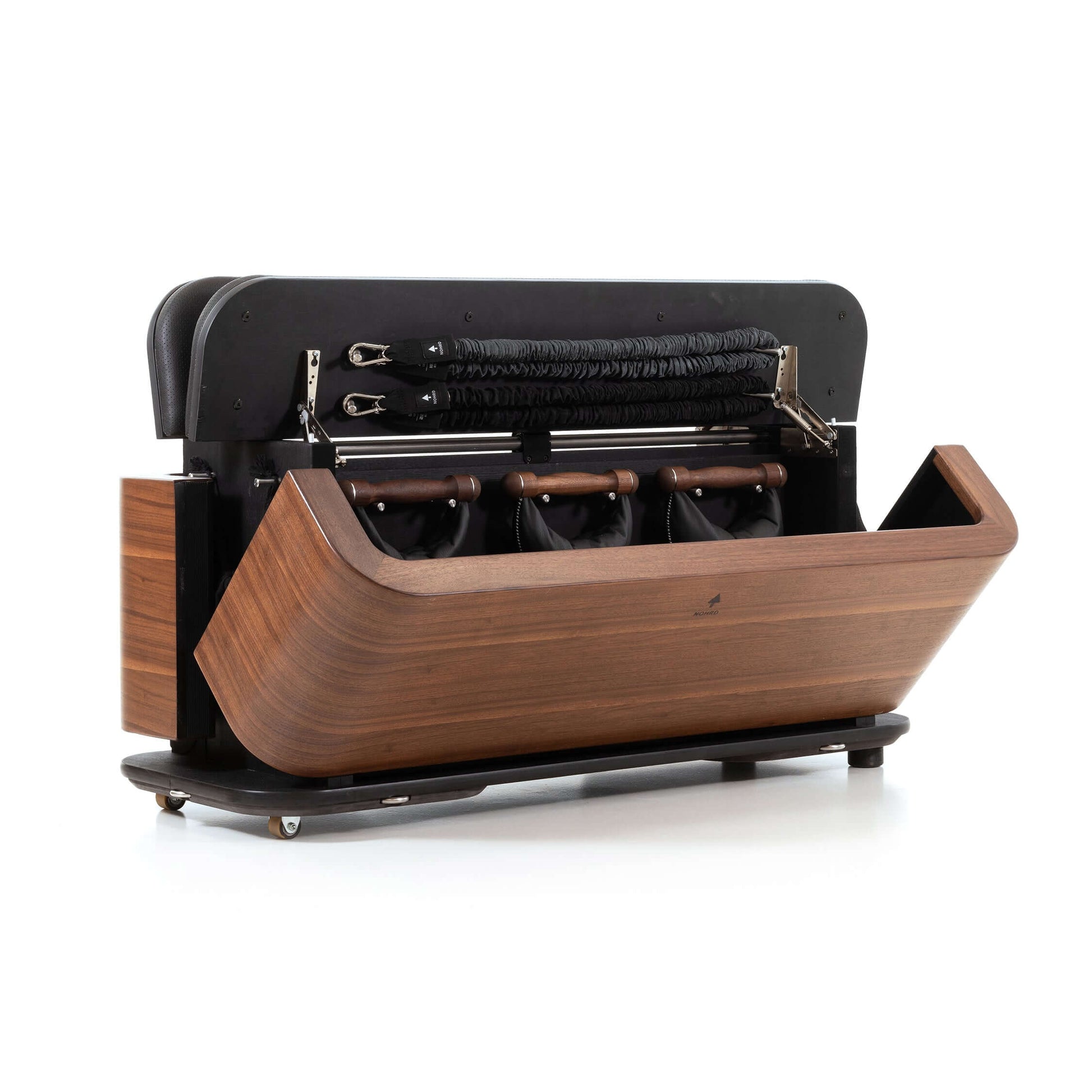 Close up view of the luxury fitness equipment, Nohrd Stepbox - all in one fitness box made with natural walnut wood.