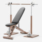 A set of luxury gym equipment, bench, bench press rack and barbell made with stainless steel and natural wood. PENT. BYSTRA - Luxury Bench Press Set
