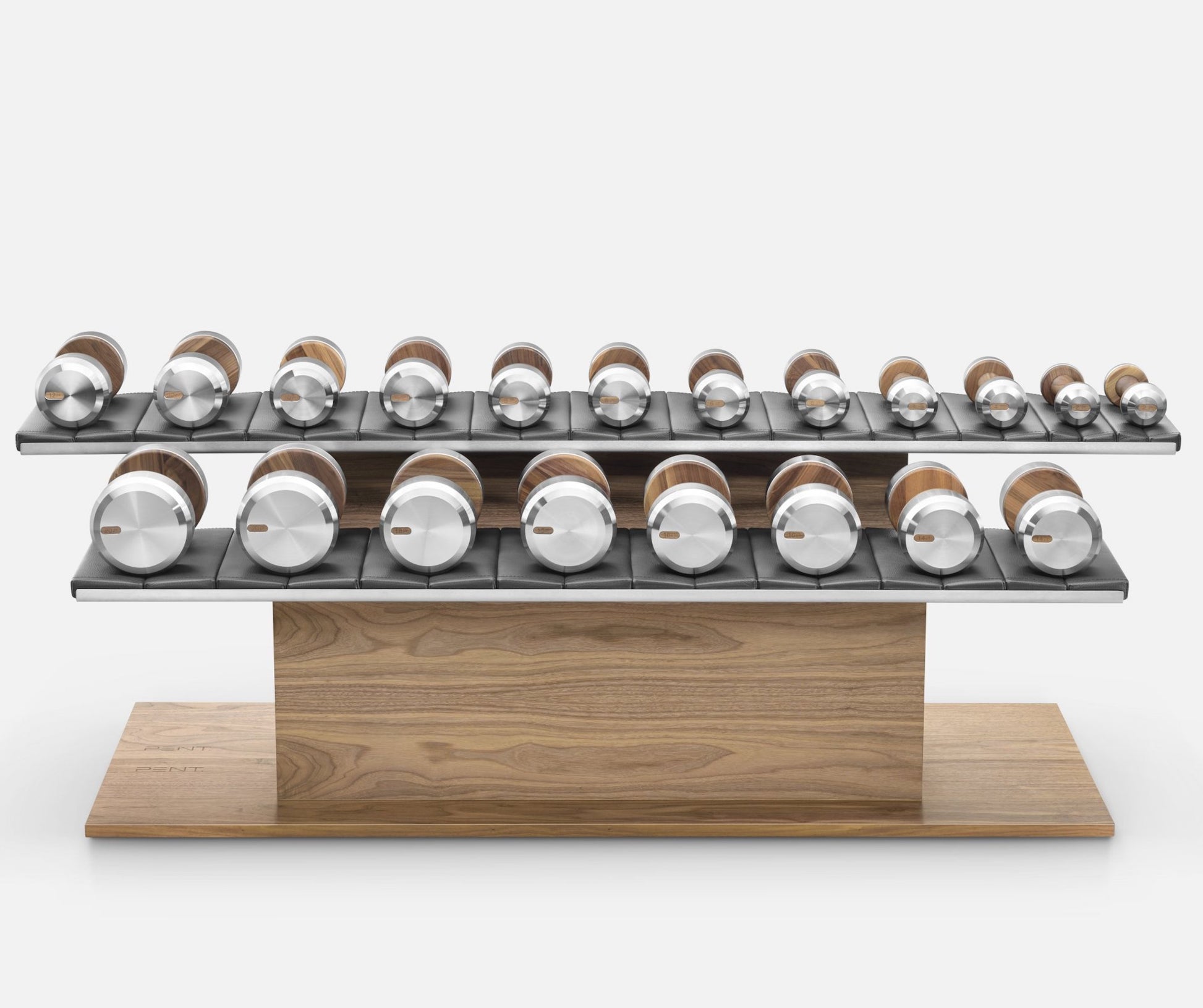 PENT Colmia Luxury Dumbbell Horizontal Set, featuring customisable options in various weight ranges, wood types, and leather combinations.