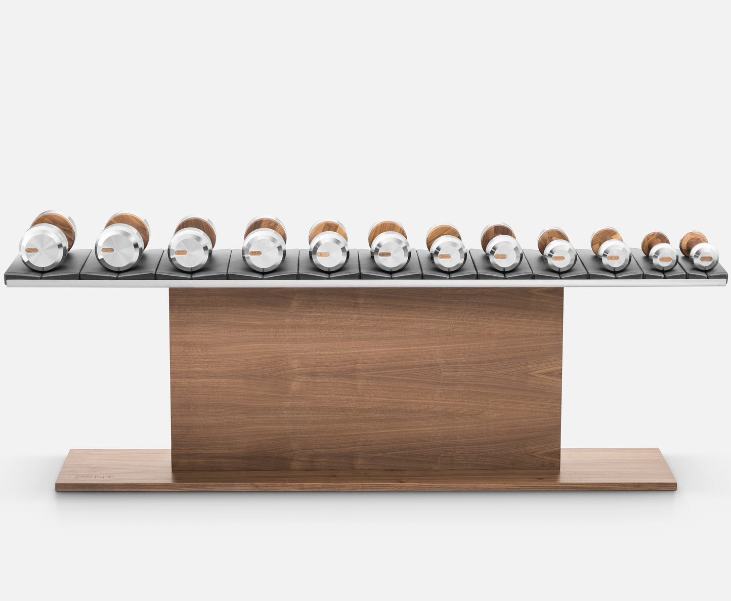  Luxury gym equipment, 6 pair of dumbbells on horizontal wooden stand, made with stainless steel, Italian leather and natural wood.