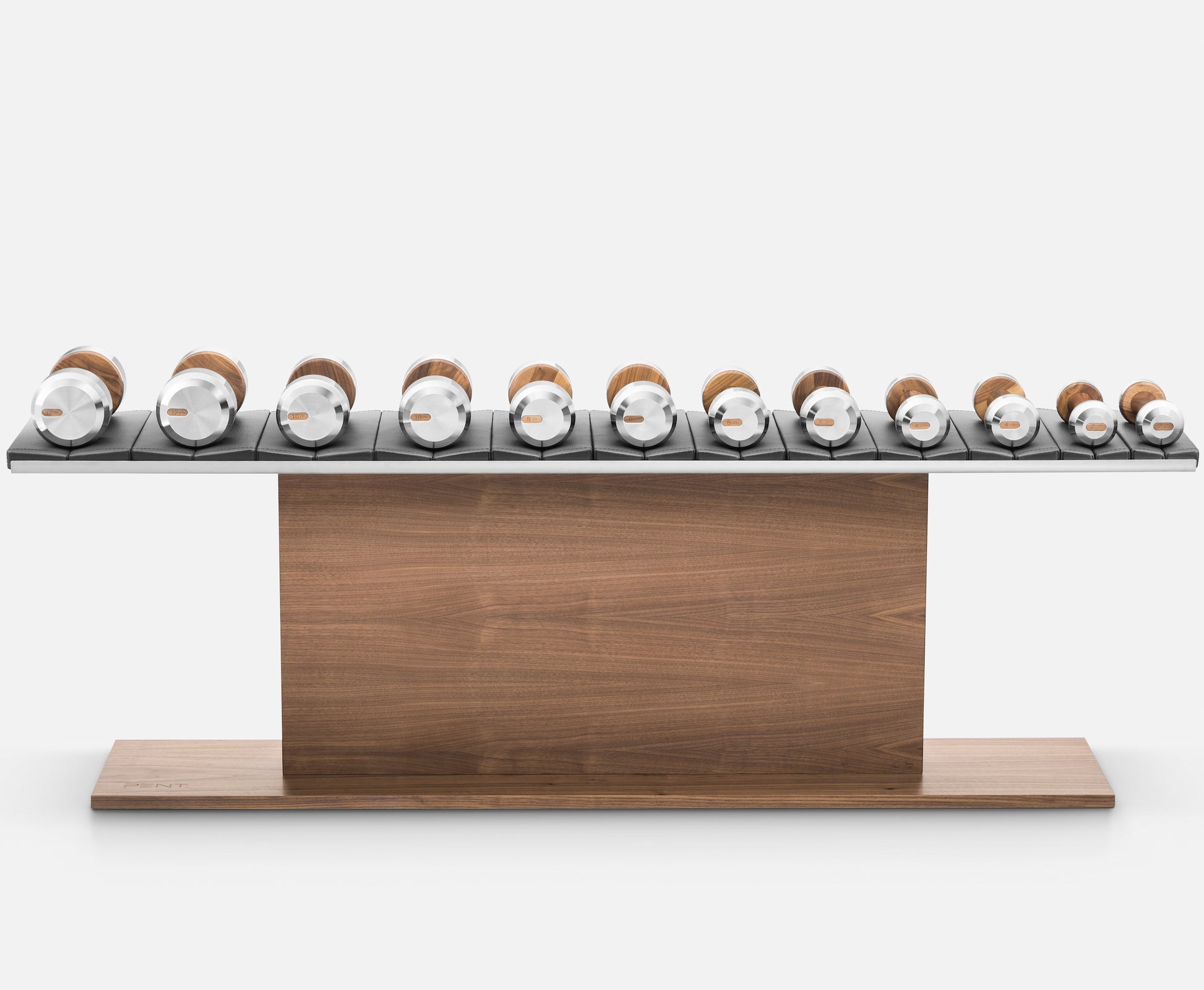  Luxury gym equipment, 6 pair of dumbbells on horizontal wooden stand, made with stainless steel, Italian leather and natural wood.
