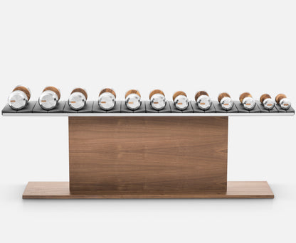  Luxury gym equipment, 6 pair of dumbbells on horizontal wooden stand, made with stainless steel, Italian leather and natural wood.