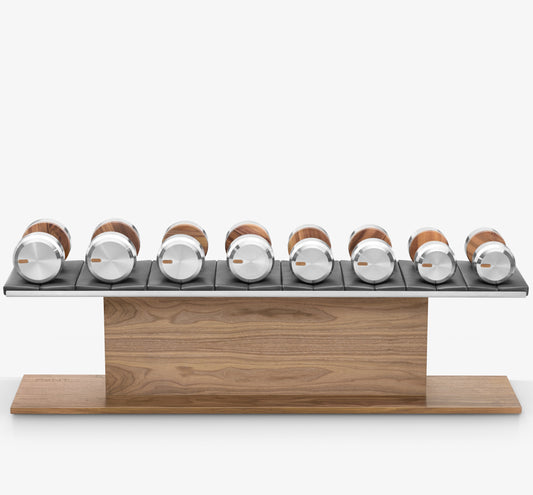 PENT Colmia Luxury Dumbbell Horizontal Set, featuring customisable options in various weight ranges, wood types, and leather combinations.