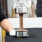 Close up view of luxurious dumbbell made with natural walnut wood and stainless steel. PENT. COLMIA