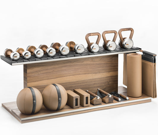 Compact PENT Combo Ana: Handcrafted luxury home gym equipment combo made with natural leather, sustainably sourced wood, and stainless steelIncludes skipping rope, push-up bars, yoga mat, dumbbells, kettlebells, roller, yoga blocks, medicine balls.