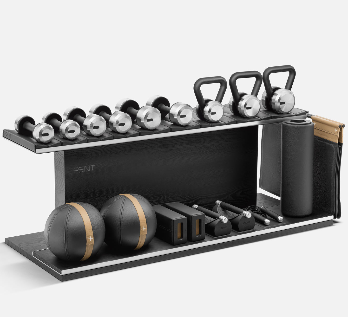 Compact PENT Combo Ana: Handcrafted luxury home gym equipment combo made with natural leather, sustainably sourced wood, and stainless steelIncludes skipping rope, push-up bars, yoga mat, dumbbells, kettlebells, roller, yoga blocks, medicine balls.
